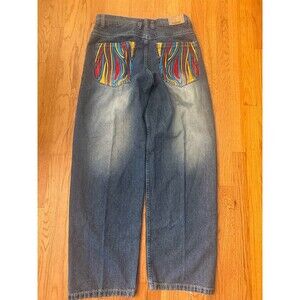VTG Y2K Wide Leg Jeans 32 X 32 Faded Embroider Pocket Colorful  JNCO Style Skate